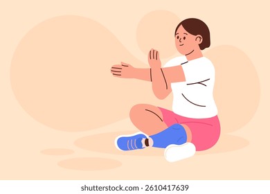 Woman with prosthetic leg doing seated arm stretch in sportswear on pastel background