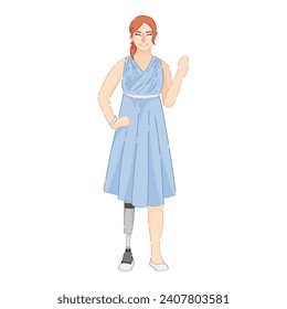 Woman with prosthetic leg on white background