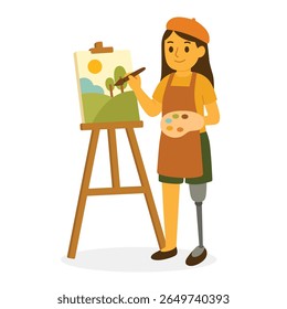 Woman with prosthetic leg painting landscape on canvas using easel and palette. Flat vector illustration. Artistic expression and creative activity of disabled people concept