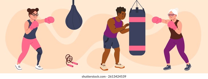 Woman with a prosthetic leg and senior woman wearing boxing gloves training with a coach in the gym