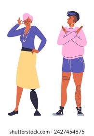 Woman with prosthetic leg shows okay, agreement sign with hands. Woman with tattoos make crossed hand refusal gesture. Non-verbal communication, different emotions vector flat illustration