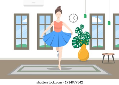 Woman with a prosthetic leg stands in the center of the room on the carpet in the graceful pose of a ballerina. She is cheerful and sweet. Behind her are four windows, a clock on the wall.