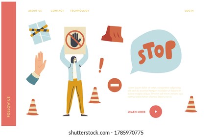 Woman Protect Closed Territory Landing Page Template. Female Character Holding Stop Signal with Crossed Hand, Car Parking Problem, No Passage through Protected Area. Linear Vector Illustration