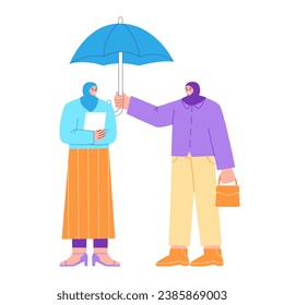 Woman protect friends holding umbrella for depressed support care symbol of solidarity protection insurance