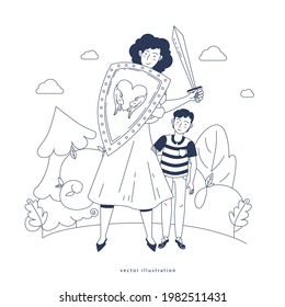 Woman protect. The mother holds a shield and a sword in her hand. A woman in front of a child.