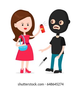Woman protected herself from robber. Self defense spray concept.   Human attack technology, safety equipment, personal security,tear-gas