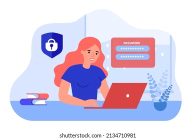 Woman Protecting Data Privacy With Password. Safe Online Work Of Business Person With Laptop Flat Vector Illustration. Security, Authentication Concept For Banner, Website Design Or Landing Web Page