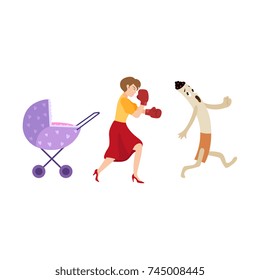 Woman protecting her baby in carriage from smoking and giant cigarette running away, cartoon vector illustration isolated on white background. Mom fighting cigarette smoking to protect her baby