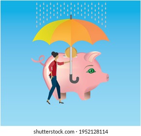 Woman protecting her savings with umbrella. Vector illustration.