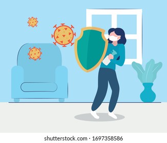 woman protecting himselg coronavirus with a shield and spray bottle over living room scenery background, colorful design, vector illustration