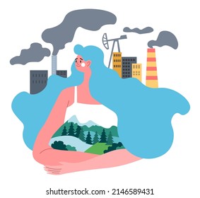 Woman protecting nature from air pollution and gas emissions coming from pipes of factories and power plants. Industrial world killing wildlife, conservation and preservation. Vector in flat