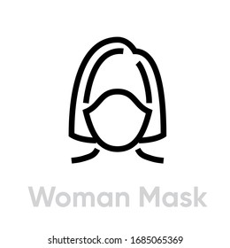 Woman Protection Mask Respirator icon. Editable line vector. Sign female head with antimicrobial antiviral protection. Single pictogram.