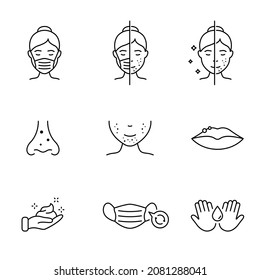 Woman With Protection Mask And Skin Problems. Prevention Skin Face Trouble. Maskne Concept. Pimple, Blackhead And Acne Outline Icon. Editable Stroke. Isolated Vector Illustration.