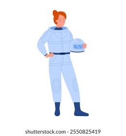 Woman in protective astronaut suit holding helmet, girl standing vector illustration