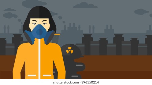 Woman in protective chemical suit.