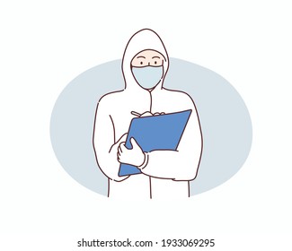 woman in protective clothing with gloves and mask. She is reading a clipboard. Hand drawn style vector design illustrations.