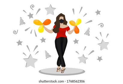 woman in protective face mask celebrating with balloons, flat vector illustration