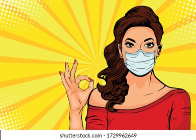 Woman in protective face mask. Protection against viruses of coronavirus, bacteria, smog, COVID-19. Pop art retro comic style vector illustration.