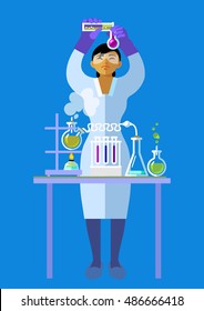 Woman in protective glasses working in the chemistry laboratory. Asian scientist holding flasks is doing research. Cartoon flat vector illustration.