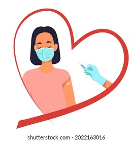 Woman in a protective mask with a band-aid on her forearm, antiviral vaccination. Vector character in flat style.