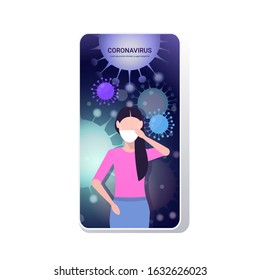 woman in protective mask epidemic MERS-CoV stop coronavirus concept wuhan 2019-nCoV pandemic medical health risk floating influenza virus cells portrait mobile app copy space vector illustration