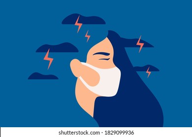 Woman in a protective mask feels anxiety and suffers from panic attacks. Girl in depression with gloomy thoughts breathing through a mask. Mental health vector concept