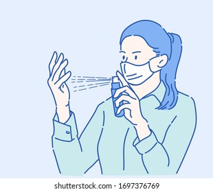 Woman with protective mask and holding alcohol spray cleaning protect disease covid-19. Infection control concept. Hand drawn in thin line style, vector illustrations.