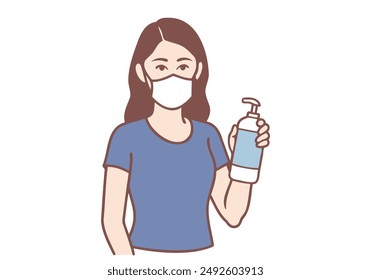 Woman with protective mask and holding alcohol spray. Hand drawn style vector design illustrations.
