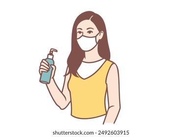 Woman with protective mask and holding alcohol spray. Hand drawn style vector design illustrations.
