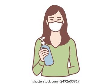 Woman with protective mask and holding alcohol spray. Hand drawn style vector design illustrations.
