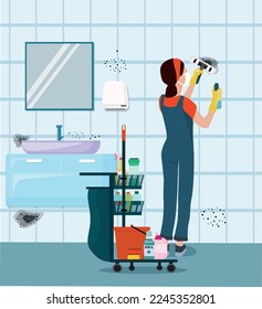A woman in a protective mask removes toxic mold spores with a means to remove fungi and bacteria. Vector illustration.