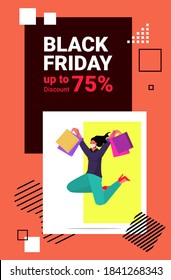 woman in protective mask running with shopping bags black friday big sale promotion discount coronavirus quarantine concept full length vertical copy space vector illustration