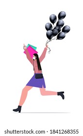 woman in protective mask running with shopping bags black friday big sale promotion discount coronavirus quarantine concept full length isolated vector illustration