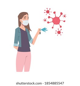 Woman in Protective Mask Spraying Antibacterial Liquid, Protection from Virus Outbreak, Pandemic Prevention Concept Cartoon Style Vector Illustration