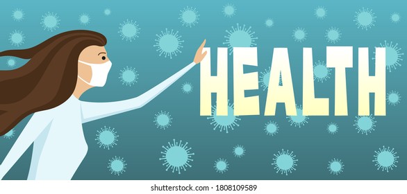 Woman in a protective mask stretches her hand towards health amid viruses.