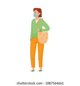Woman in Protective Mask Walking Along the Street Vector Illustration