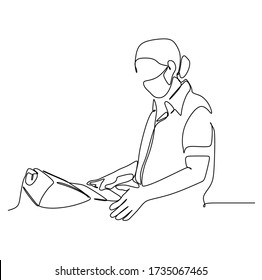 A woman in protective mask while working with a cash register as a cashier. Continuous single line drawing vector illustration