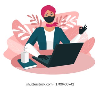 Woman in protective mask at work in the office. Outbreak and social distancing alert. stay at home to avoid virus infection. businessman works remotely with wearing a medical face mask.