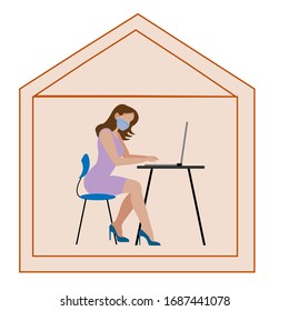 Woman in protective mask works online at home, at the computer, illustration. Social distance and self-isolation during quarantine of the corona virus. The girl works at home.