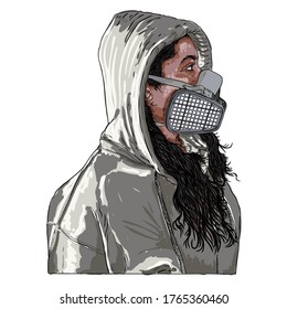 Woman in protective medical face mask, New Normal social concept, young female wearing prevention and protection from coronavirus COVID-19 virus and urban air pollution. Vector.