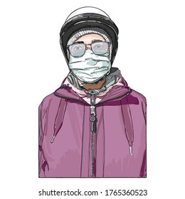 Woman in protective medical face mask, New Normal social concept, young female wearing prevention and protection from coronavirus COVID-19 virus and urban air pollution. Vector.