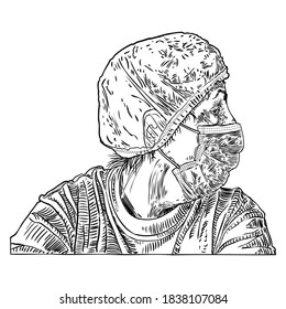 Woman in protective medical face mask, New Normal social concept, young female wearing prevention and protection from coronavirus COVID-19 virus and urban air pollution. Vector.