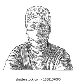 Woman in protective medical face mask, New Normal social concept, young female wearing prevention and protection from coronavirus COVID-19 virus and urban air pollution. Vector.