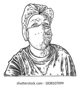 Woman in protective medical face mask, New Normal social concept, young female wearing prevention and protection from coronavirus COVID-19 virus and urban air pollution. Vector.