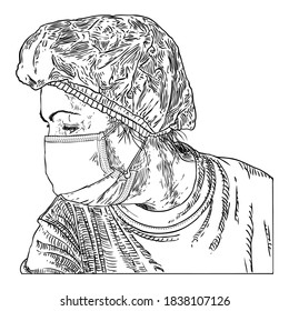 Woman in protective medical face mask, New Normal social concept, young female wearing prevention and protection from coronavirus COVID-19 virus and urban air pollution. Vector.