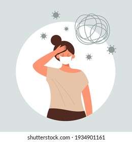 Woman in protective medical face mask holding forehead with her hand, having headache, suffering pandemic fatigue - Female character feeling exhausted, tired during coronavirus outbreak, lockdown