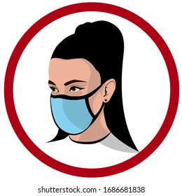 Woman in protective medical mask in a red circle. A woman wears protection from coronavirus, urban air pollution, smog, vapors, and polluting gas emissions. Vector illustration