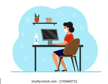 A woman in a protective medical mask is sitting at the workplace. Working in an office during a coronavirus epidemic. Protection from infection and safety in the room. Vector illustration.