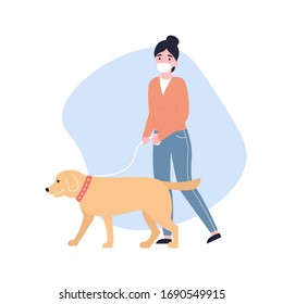 Woman in a protective medical mask walk with a dog on the street. nCoV. Сovid 2019, Coronovirus concept. Novel coronavirus pandemic. Flat vector modern cartoon illustration.