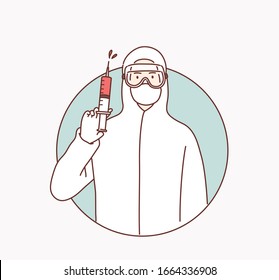 A woman in a protective suit and mask holds an injection syringe. Hand drawn style vector design illustrations.